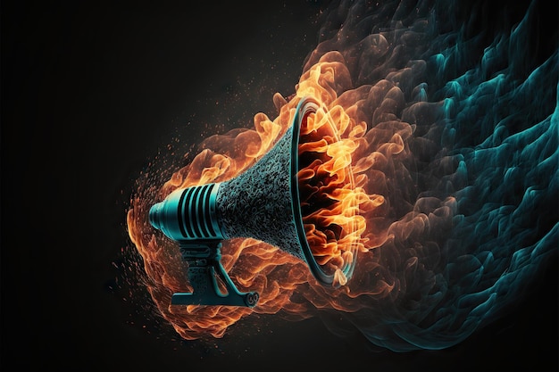 Megaphone on fire on dark background created with generative ai