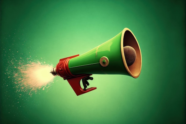 Photo megaphone flying in the form of a rocket success marketing advertising concept green background ai