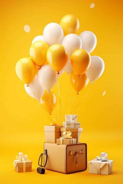 megaphone gift boxes and balloons on yellow background black friday