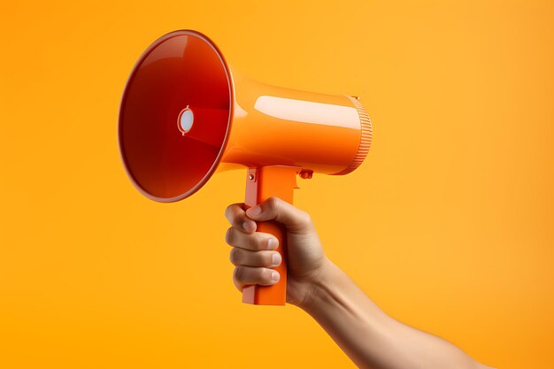 Megaphone in hand isolated on orange background 3d rendering