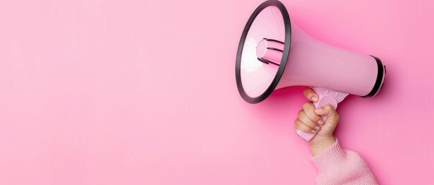 Photo megaphone held against pink background ideal for ad promotions