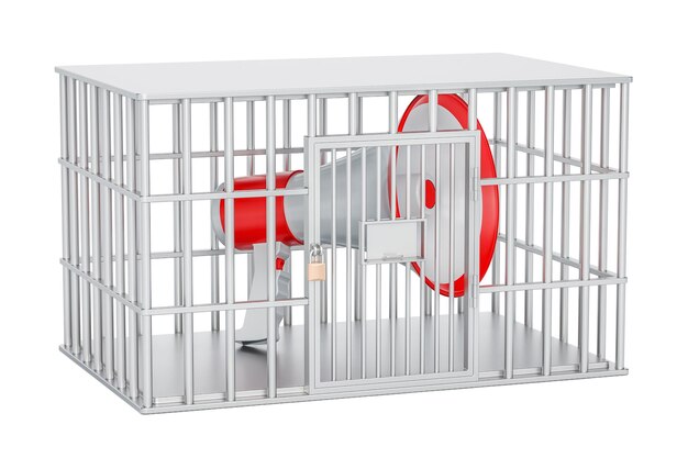 Photo megaphone inside cage prison cell 3d rendering