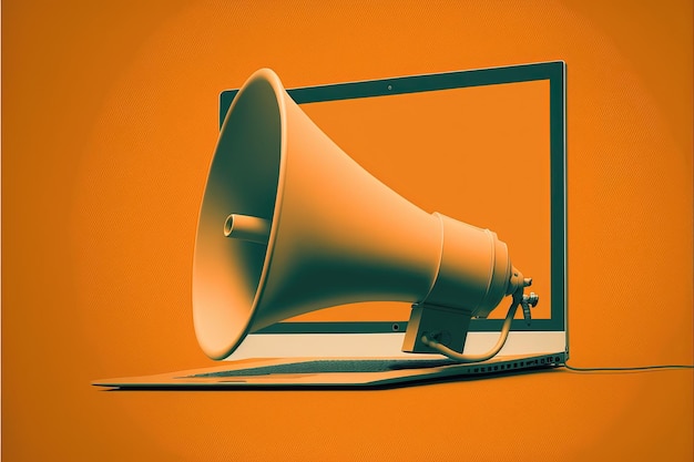 Megaphone on laptop screen, orange background. AI digital illustration