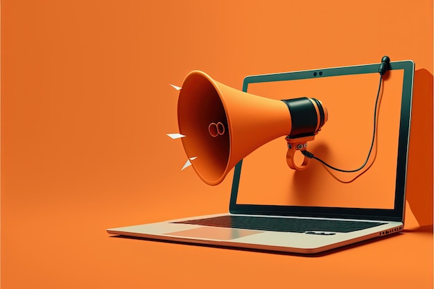 Photo megaphone on laptop screen, orange background. ai digital illustration