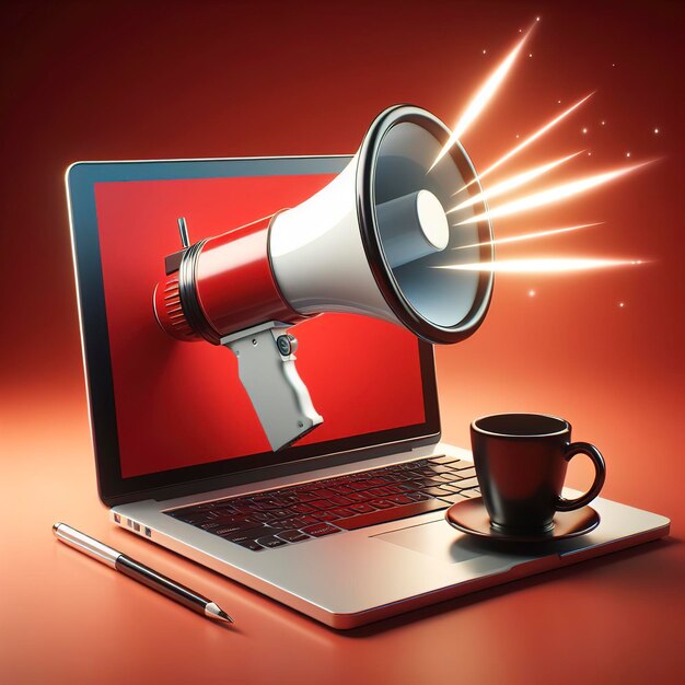 Photo megaphone on laptop screen red background