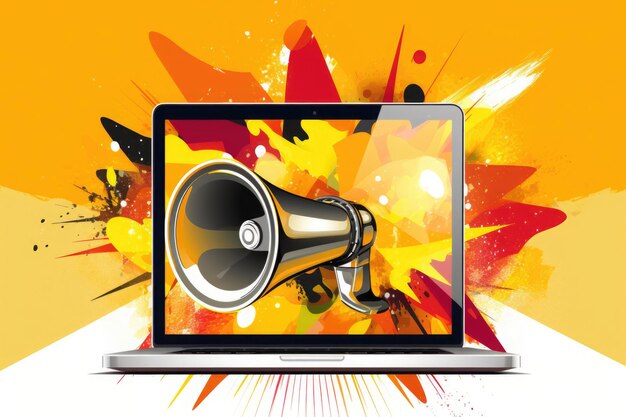 Photo megaphone on laptop screen on yellow backgrouynd concept of attracting attention on internet creative banner