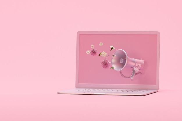 Megaphone and laptop with colorful flowers and leaves coming out of it against pink background