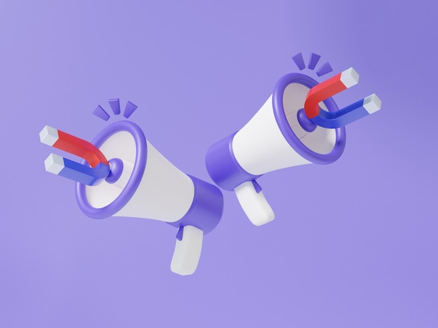 Megaphone loudspeaker with magnetic Speaker announce business finance marketing attention on purple pastel background 3d rendering illustrationxAxA