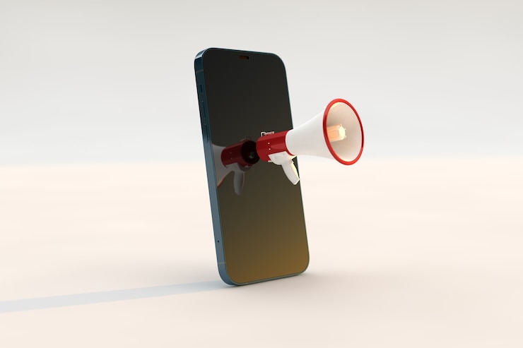 Photo megaphone smartphone concept, marketing and business strategy.