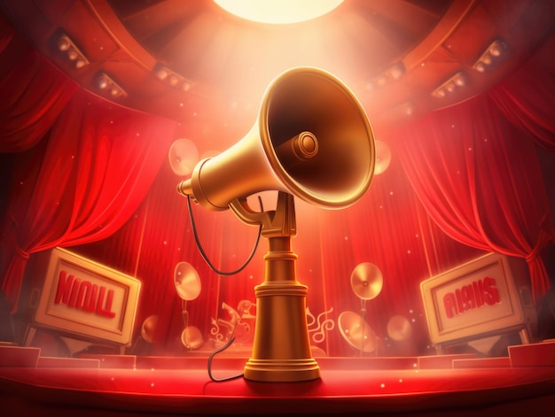 Megaphone on top of stage with red curtains and spotlights