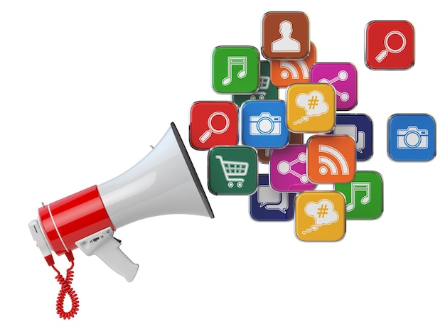 Megaphone with cloud of application icons Digital marketing concept