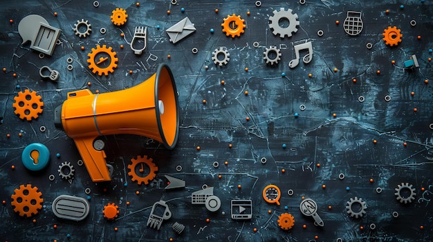 Megaphone with icons and gears depicting advertising advantages and marketing strategy