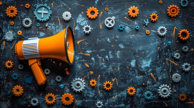 Megaphone with icons and gears depicting advertising advantages and marketing strategy