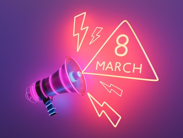 Megaphone with neon 8 March inscription against purple background