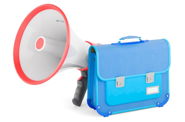 Photo megaphone with schoolbag 3d rendering