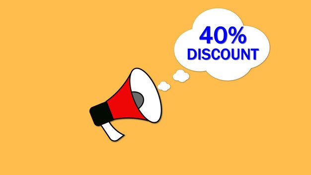 Megaphone with speech bubble announcing 40 discount on a yellow background