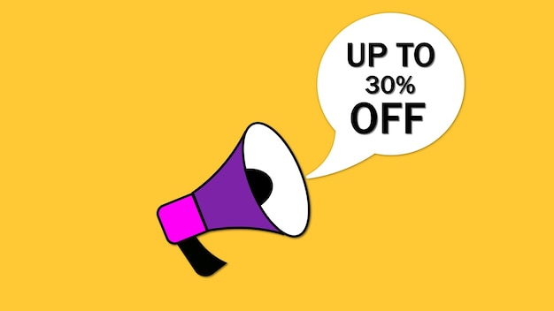Megaphone on a yellow background with a speech bubble announcing a discount of up to 30 off