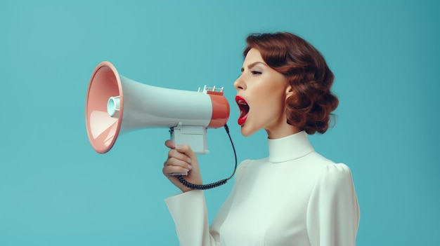 Megaphones woman holding shopping bag on the pastel color background