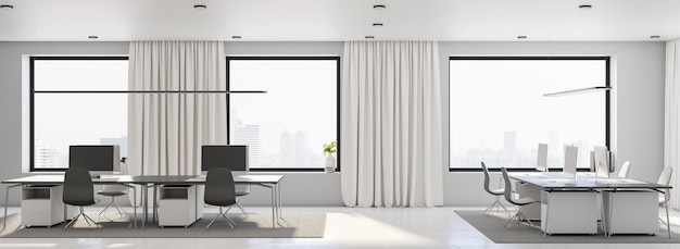 Photo megapolis city view from big window in sunny open space office with stylish light furniture grey carpet and curtain