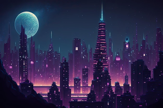 Мегаполис ночью с видом на городской пейзаж и освещенные небоскребы
