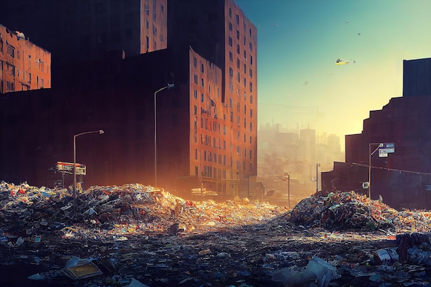 덤프에 가라앉는 메가폴리스. 플라스틱 쓰레기 더미가 있는 도시 거리, 재활용 문제, 일러스트레이션