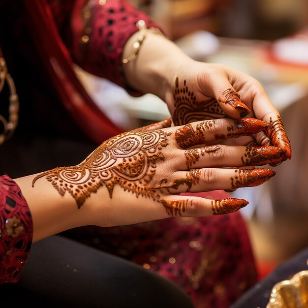 Mehndi ontwerpen worden toegepast op de handen van een vrouw