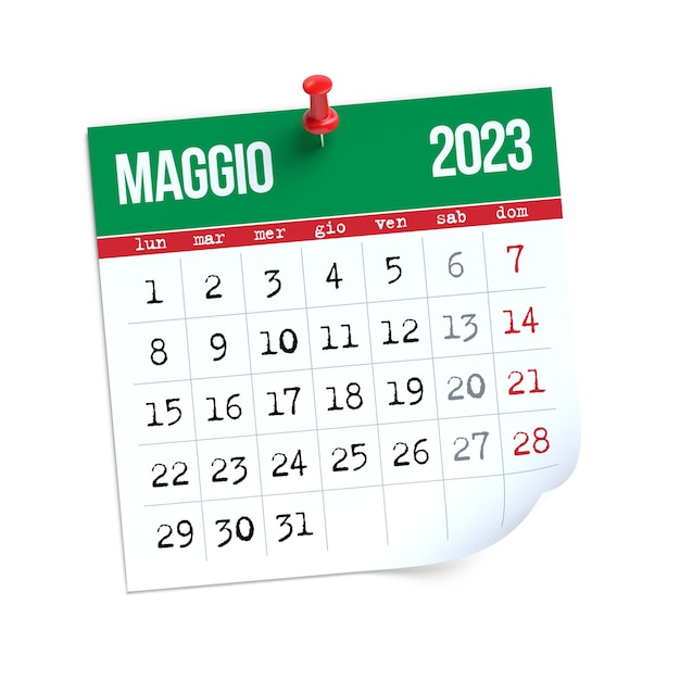 Mei Kalender 2023 in Italiaanse taal geïsoleerd op witte achtergrond 3D illustratie