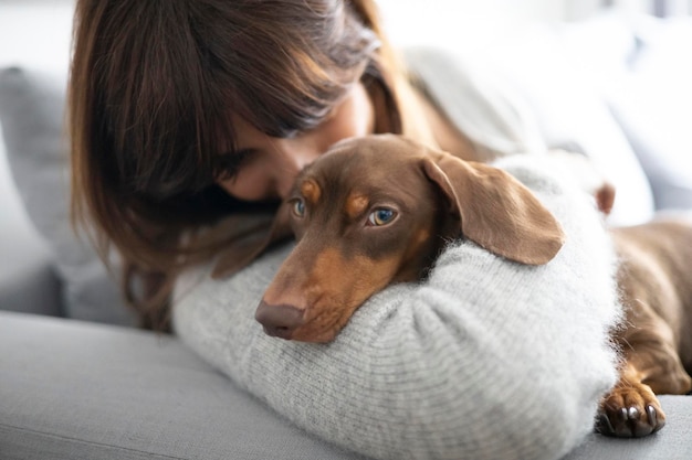 Foto meisje aait een kleine teckelhond op de bank thuis