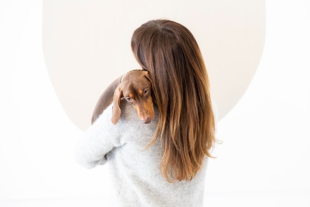 Foto meisje aait een kleine teckelhond op de bank thuis