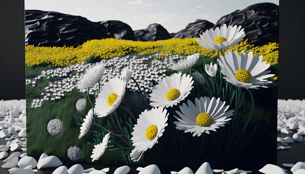 meisje abstract psychedelisch hart landschap bloemen landschap, 3d render, digitale afbeelding