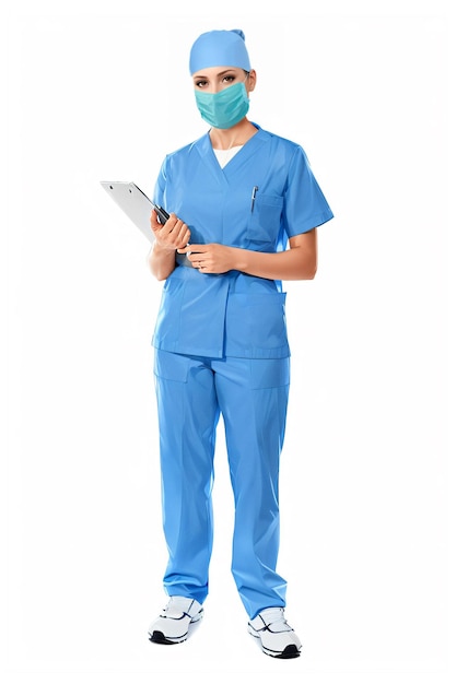 Meisje arts met een tablet en masker geïsoleerd op witte achtergrond Het concept van geneeskunde beroep mensen helpen
