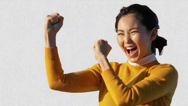 Meisje bereikt doel vieren succes aantrekkelijke Aziatische vrouw in gele trui knijpt vuisten als cham