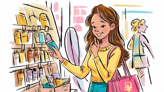 Meisje besluit welk product beter opkijken bedachtzame aanraking kin denken glimlachend alleen winkelen mak