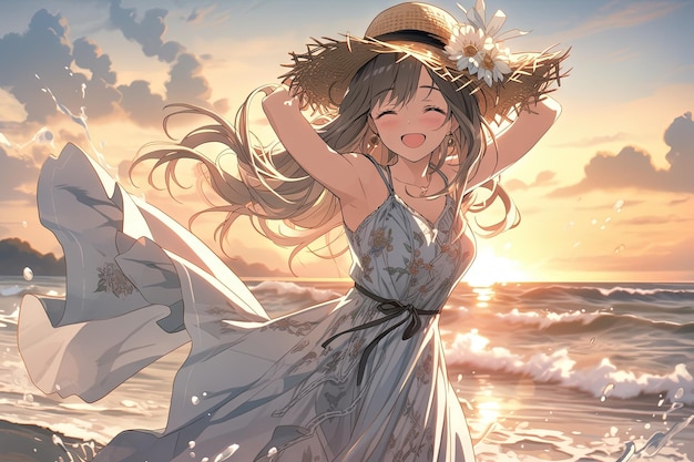 Meisje danst op de kust haar vloeiende jurk gevangen in de zachte zeebries manga anime stijl illustratie generatieve ai