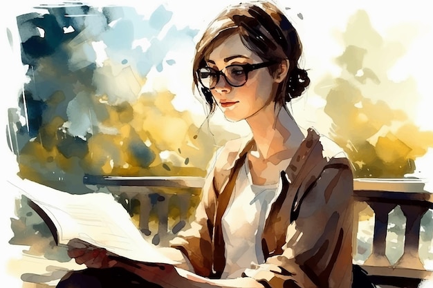 Meisje dat een boek leest in het park op een bankje, een aquarel op geweven papier