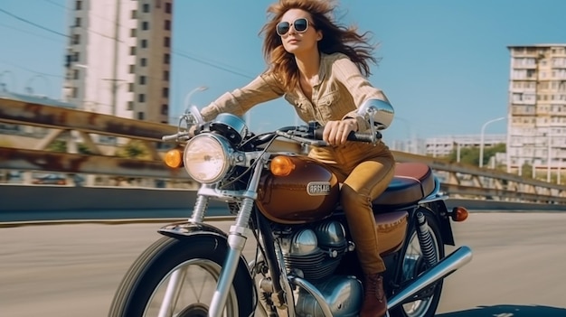Meisje dat een bril draagt en een helm draagt, zoomt door de stad op een retro-motorfiets xA in rockstijl