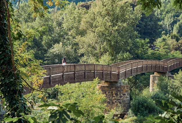 Meisje dat een houten brug oversteekt