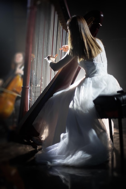 Foto meisje dat harp speelt op het podium