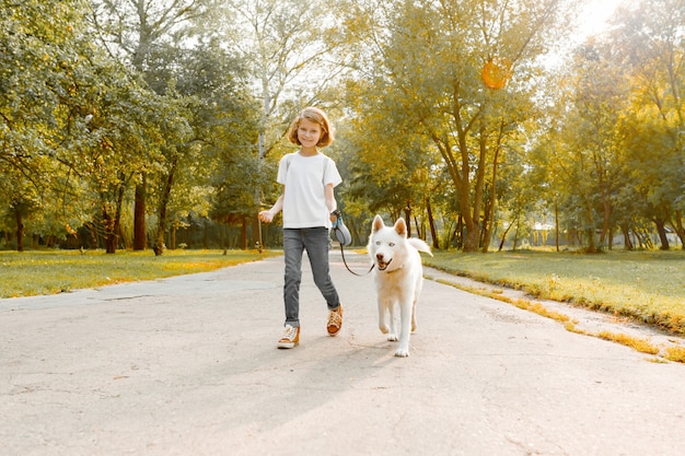 Meisje dat op de weg in het park met een witte schor hond loopt