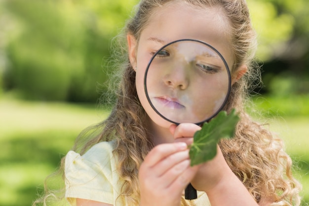 Meisje die blad met vergrootglas onderzoeken bij park