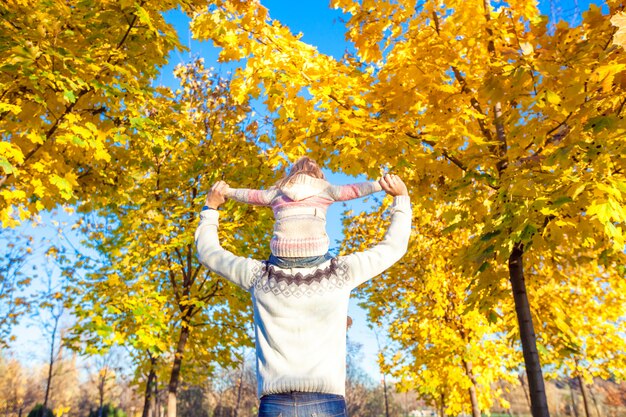 Meisje die op de schouders van de vader in de herfstpark berijden