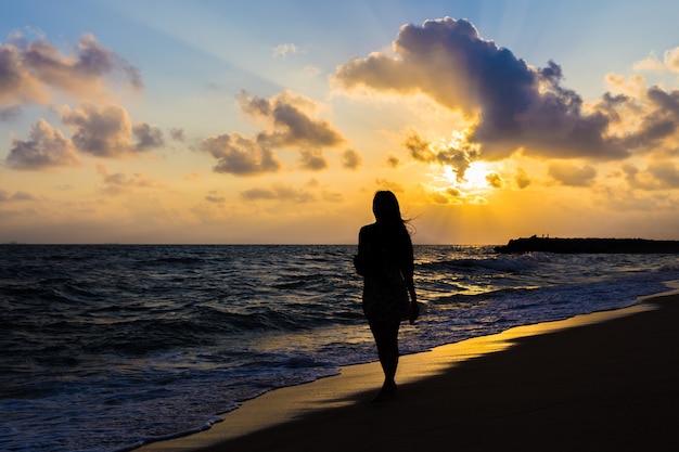 Meisje die op mooi mistig strand bij de stijl van het zonsopgangsilhouet lopen