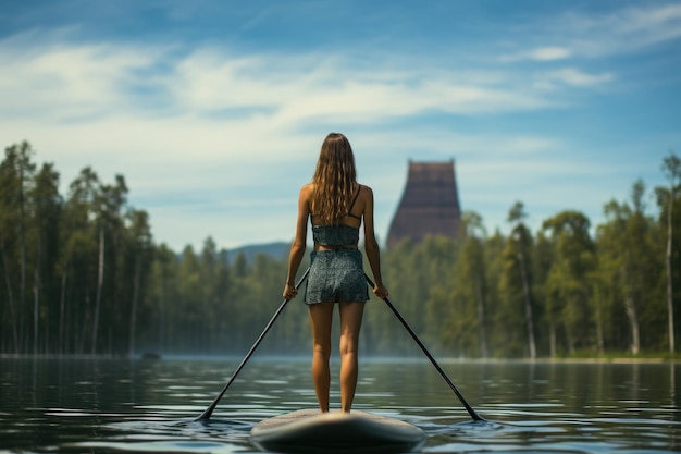 Foto meisje doet aan stand-up paddleboarden op een serene lak