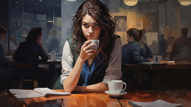 meisje drinkt koffie in een café tijdens een vergadering