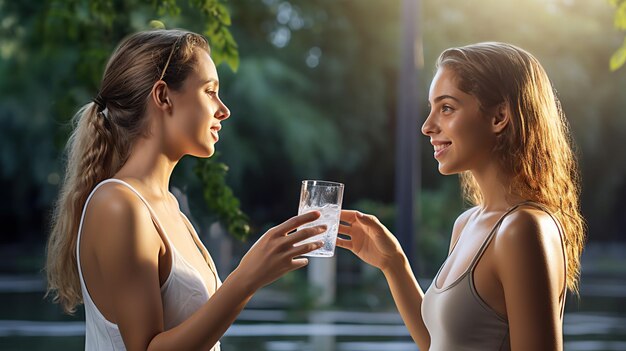 Foto meisje drinkt water een vrouw drinkt water uit een glas buiten in het park afbeelding van drinkwater voor een goede gezondheid kopieer ruimte voor tekst