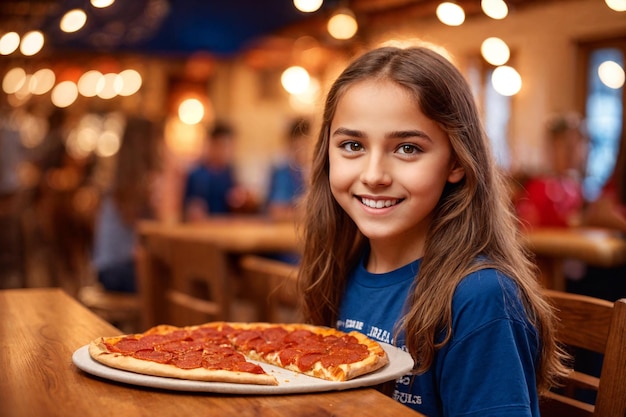 Meisje eet pizza in een café ongezond eten blauw T-shirt