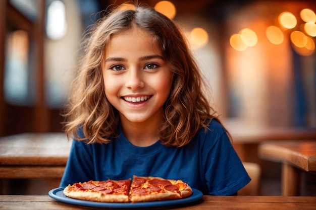 Meisje eet pizza in een café ongezond eten blauw T-shirt