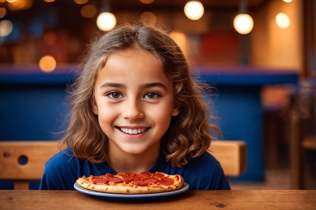 Meisje eet pizza in een café ongezond eten blauw T-shirt