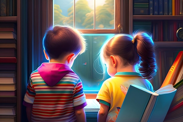 Meisje en jongen die een boek digitale illustratie ai generatief lezen