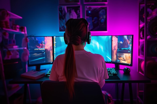 Meisje gebruikt een gaming-pc met meerdere monitoren Generatieve AI